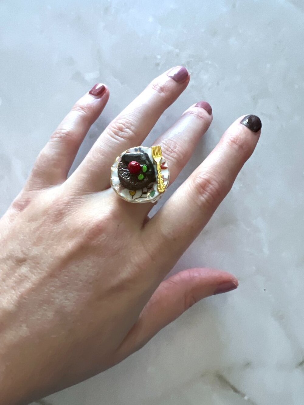 Dark Chocolate Dreams Teacup Ring | Ceramic Plate | Miniature Food Jewelry